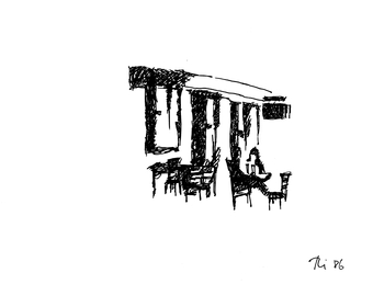8 Abends vorm Restaurant, Fineliner auf Papier, Loutro, Griechenland, 1986, 17 cm x 22 cm