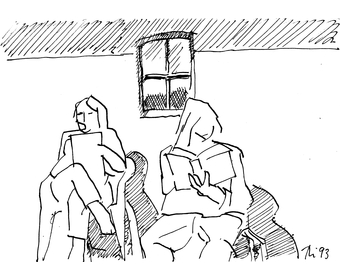 22 Dörte und Antje lesen, Fineliner auf Papier, Fanoe, Dänemark, 1993, 14,5 cm x 20,5 cm