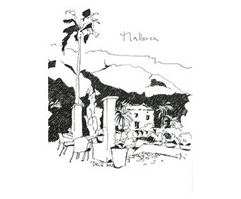 Blick von der Terrasse IV, Fineliner auf Papier, Deia, Mallorca, 2022, 25,5 x 18 cm