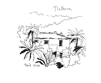 Blick von der Terrasse V, Fineliner auf Papier, Deia, Mallorca, 2022, 25,5 x 18 cm