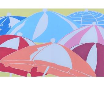 Sonnenschirme in der Cala Santanyi III, Acryl auf Leinwand, 60 cm x 90cm, 2022 (2)