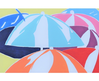 Sonnenschirme in der Cala Santanyi II, Acryl auf Leinwand, 60 cm x 90 cm, 2022 (2)