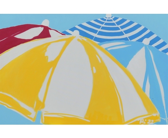 Sonnenschirme in der Cala Santanyi, Acryl auf Leinwand, Schilksee, 2022, 80 cm x 120 cm
