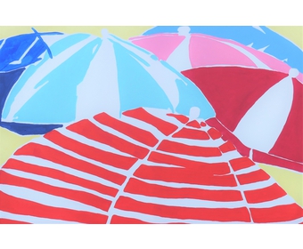 Sonnenschirme in der Cala Santanyi I, Acryl auf Leinwand, 60 cm x 90 cm, 2022  (2)